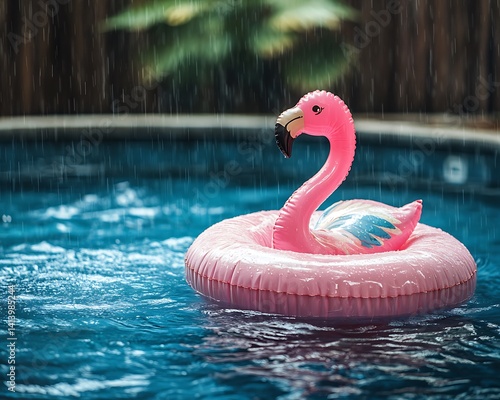 Flamingo float in rainy pool