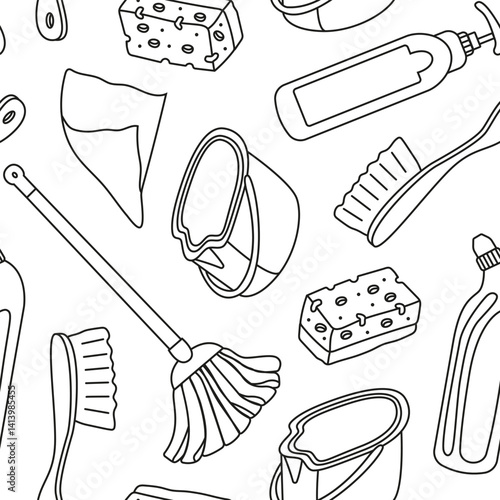 Vector seamless pattern with attributes for cleaning in doodle style. Drawing for packaging, business cards and wallpapers with linear objects for cleanliness.