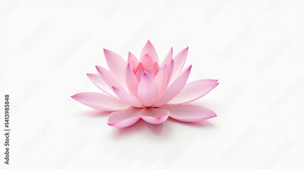 Fototapeta premium A single pink lotus flower with delicate petals fully open, isolated on a pure white background, minimalistic and elegant