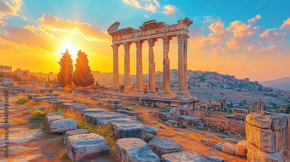 Fototapeta premium Ancient ruins bathed in golden sunset light.