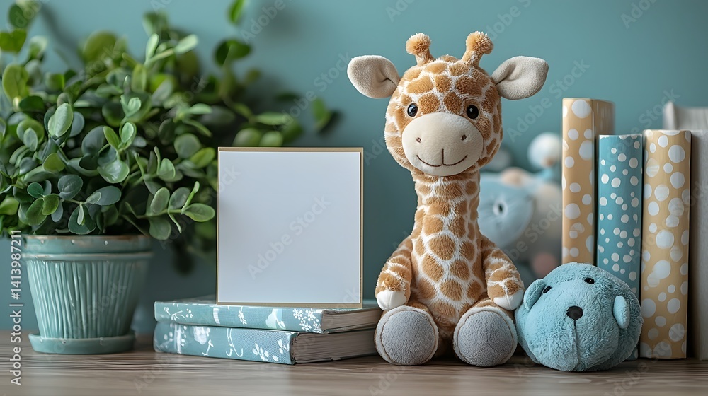 Blank baby shower gift card with stuffed giraffe toy and books