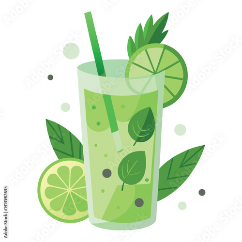 Cucumber lime mocktail with herbs in white background.