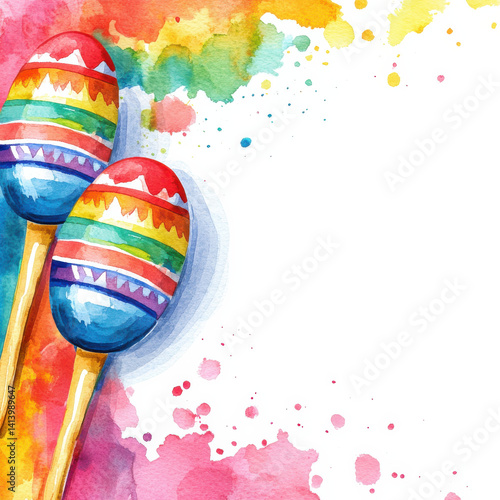 Cinco de mayo Blank Background of Colorful watercolor maracas with vibrant splashes and blank space for text, Nacho Illustration with copy space and negative space for text