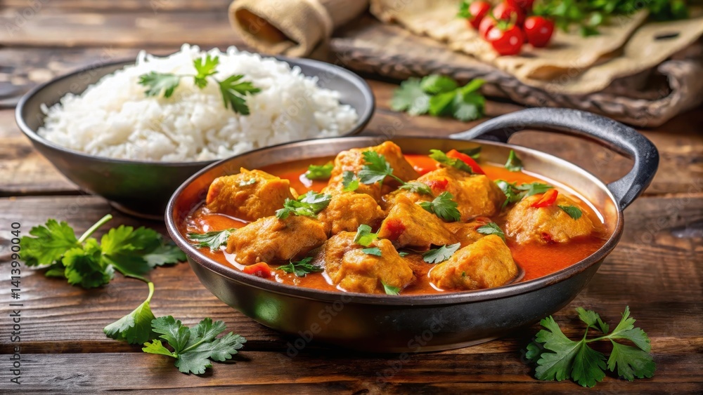 Steaming hot plate of chicken curry with fluffy basmati rice and steamed vegetables garnished with fresh cilantro leaves, flavorful meal, Indian cuisine Steaming hot plate of chicken curry with fluffy basmati rice and steamed vegetables garnished with fresh cilantro leaves, flavorful meal, Indian cuisine