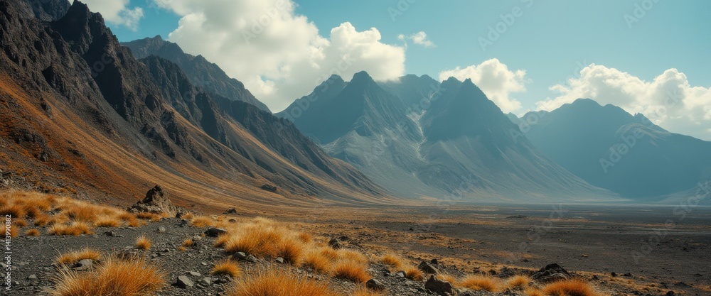 Dramatic mountains landscape scene of jagged peaks, rocky terrain, golden grasses under a blue sky with scattered clouds