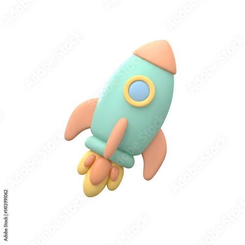 3D Cartoon Rocket Launching Into Space on White Background