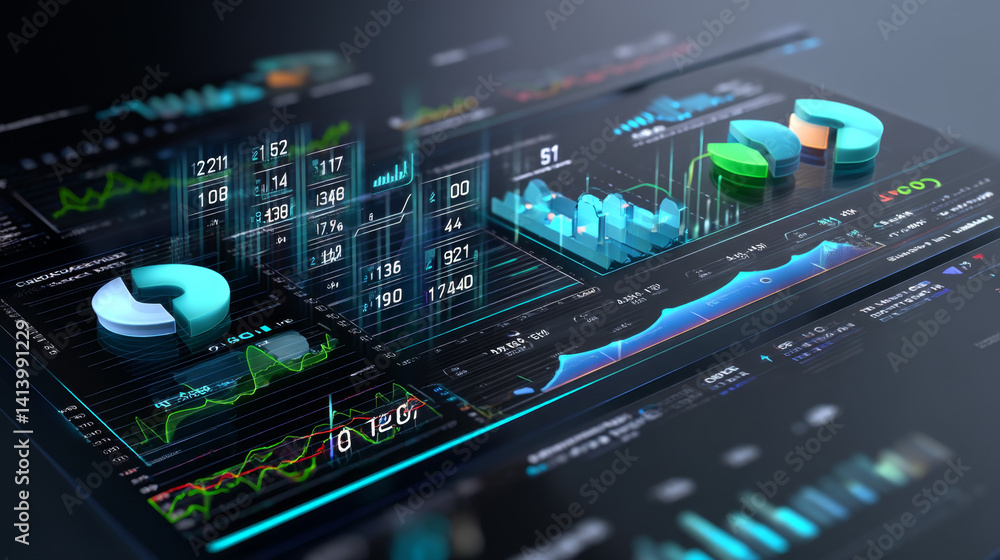 Obraz premium Futuristic Data Visualization 3D Charts and Graphs Displaying Financial Market Analysis