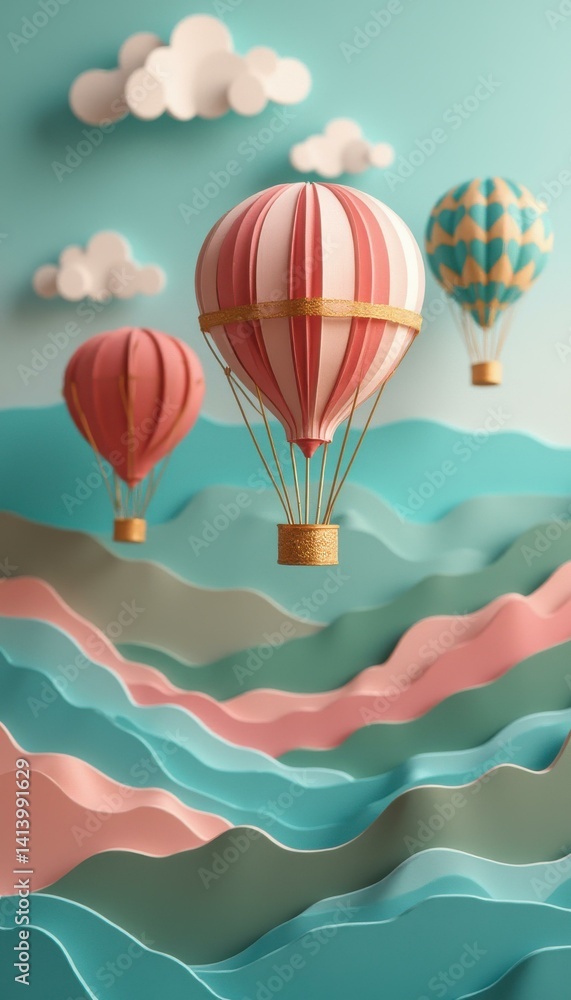 Dreamy Hot Air Balloon Adventure over a Pastel Paper Landscape - Whimsical Journey