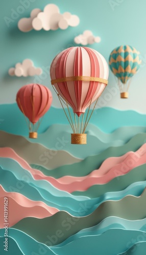Obraz na płótnie Dreamy Hot Air Balloon Adventure over a Pastel Paper Landscape - Whimsical Journey w salonie