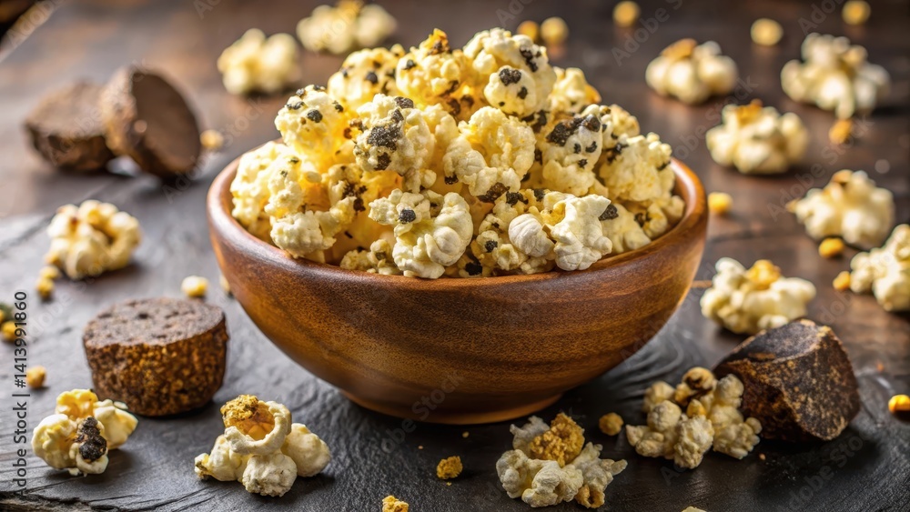 Crunchy gourmet truffle popcorn sprinkled with nutritional yeast and topped with black truffle slices for a rich and earthy snack, foodie delight, gourmet food Crunchy gourmet truffle popcorn sprinkled with nutritional yeast and topped with black truffle slices for a rich and earthy snack, foodie delight, gourmet food