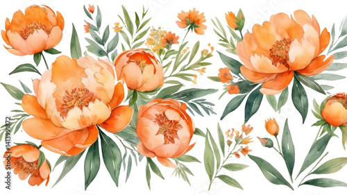 orange watercolor flower on white