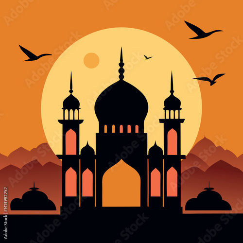 Golden hour mosque vector with birds flying  
