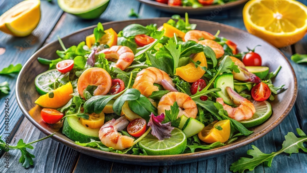 A vibrant mixed green salad with succulent shrimp and prawns, topped with a citrus vinaigrette dressing and garnished with fresh herbs , vegetables, meal prep A vibrant mixed green salad with succulent shrimp and prawns, topped with a citrus vinaigrette dressing and garnished with fresh herbs , vegetables, meal prep