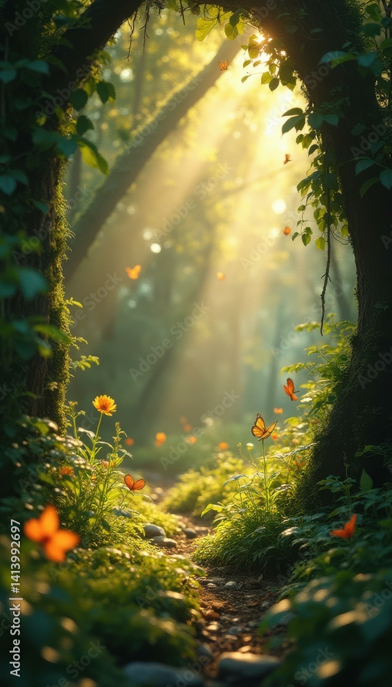 Fototapeta premium Enchanted Forest Path with Sunbeams, Flowers and Butterflies
