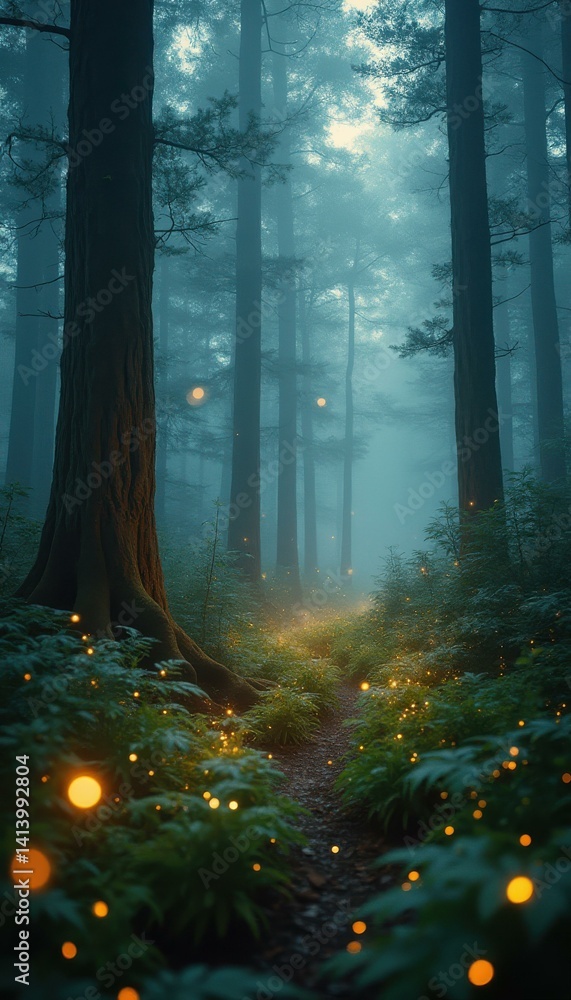 Enchanted Forest Path with Glowing Lights and Misty Trees creates a magical and dreamy woodland atmosphere