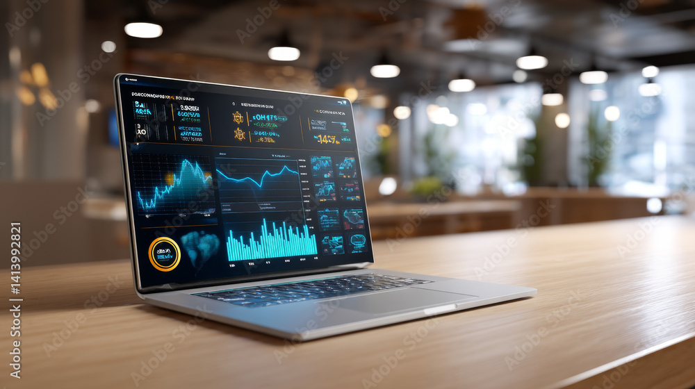 Modern Laptop Displaying Financial Data Graphs Stock Photo Business Analytics Dashboard on Screen Modern Laptop Displaying Financial Data Graphs Stock Photo Business Analytics Dashboard on Screen