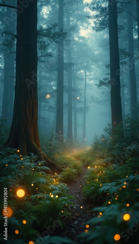 Obraz na płótnie Enchanted Forest Path with Glowing Lights and Misty Trees creates a magical and dreamy woodland atmosphere w salonie