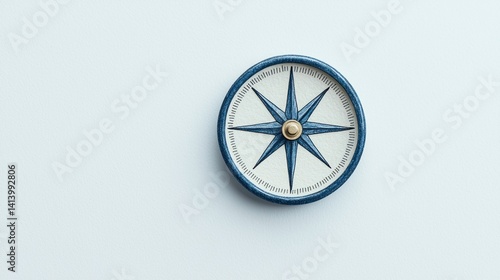 A detailed compass with a blue border, featuring a classic design, mounted against a light background, symbolizing navigation and direction.