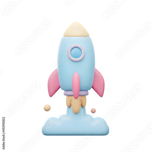 3D Cartoon Rocket Launching with Smoke in Pastel Colors