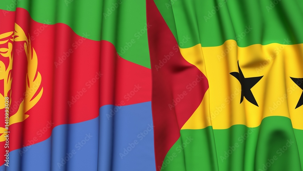 Fototapeta premium Flags of ERITREA and SAO TOME with realistic cloth texture