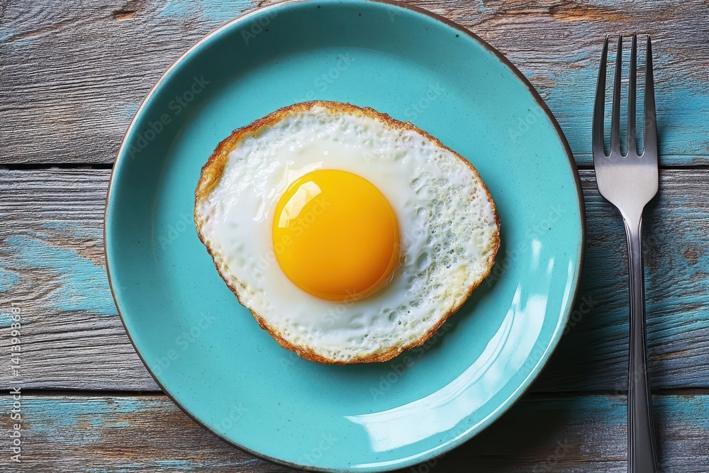 Delightful breakfast scene featuring a sunny side up egg on a bright blue plate with a chic fork for culinary projects and food-related visuals Delightful breakfast scene featuring a sunny side up egg on a bright blue plate with a chic fork for culinary projects and food-related visuals