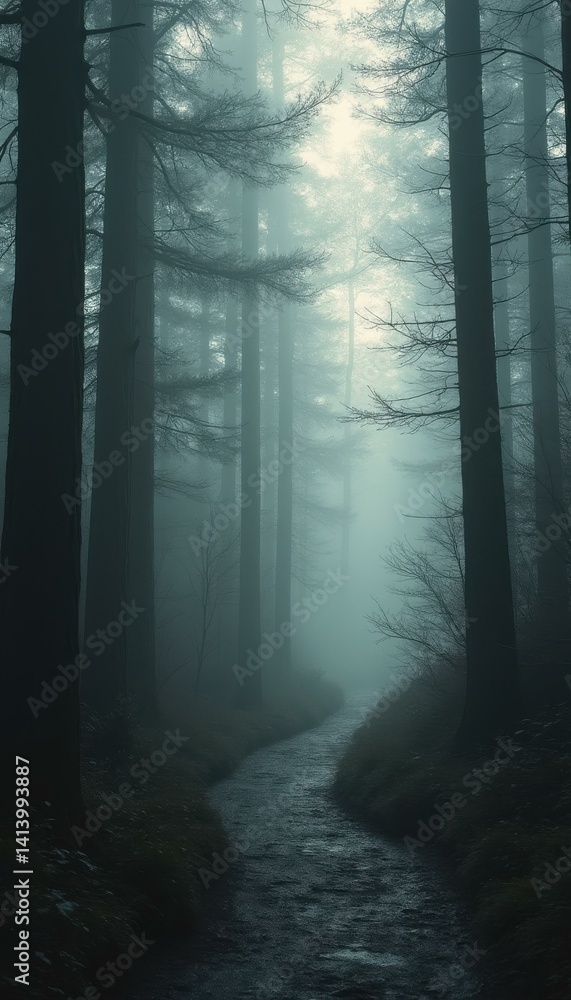 Obraz premium Eerie path winding through a dense, misty forest with towering trees and a mysterious, dreamlike atmosphere