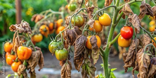 Wilted tomato plants with yellowing leaves and brown stems in a garden bed, surrounded by healthy green foliage, decay, plant