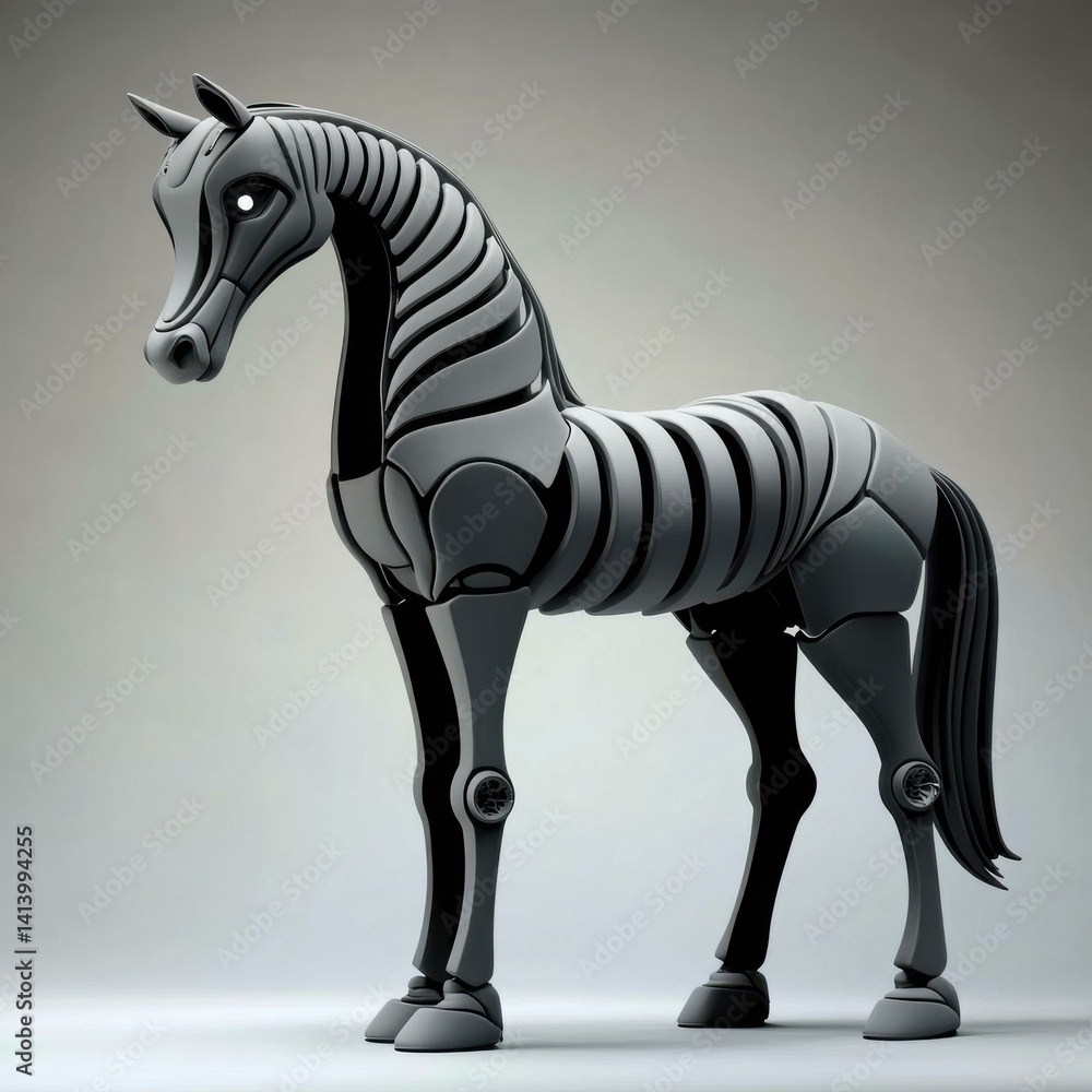 Obraz premium Elegant mechanical horse with metallic finish and glowing eyes standing on a white background for creative projects