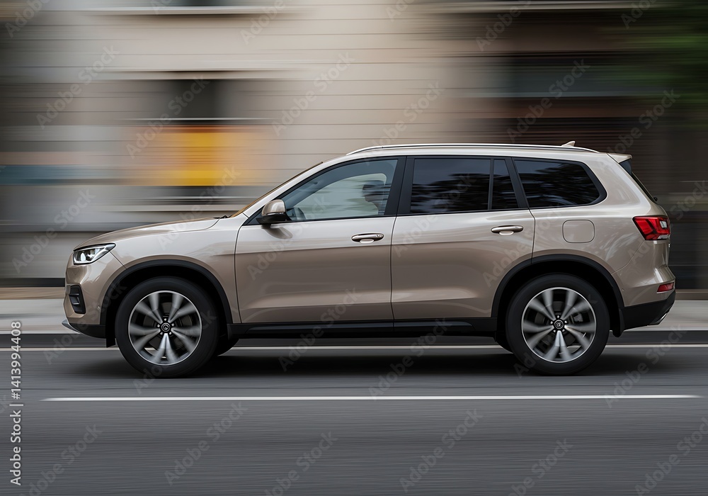 A sleek SUV is captured in side profile while in motion on an urban street. The vehicle showcases a modern design against a blurred backdrop of city buildings during daylight A sleek SUV is captured in side profile while in motion on an urban street. The vehicle showcases a modern design against a blurred backdrop of city buildings during daylight