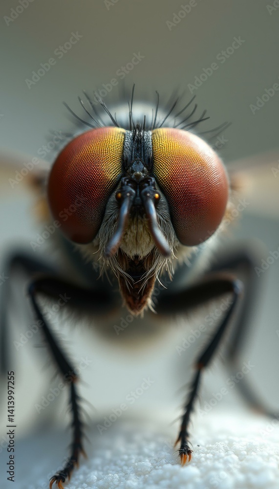 Extreme macro portrait of a fly with large red compound eyes, bristly body, and textured background emphasizing detail and scientific study