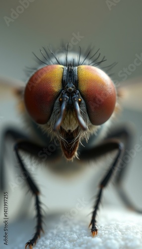Obraz na płótnie Extreme macro portrait of a fly with large red compound eyes, bristly body, and textured background emphasizing detail and scientific study w salonie