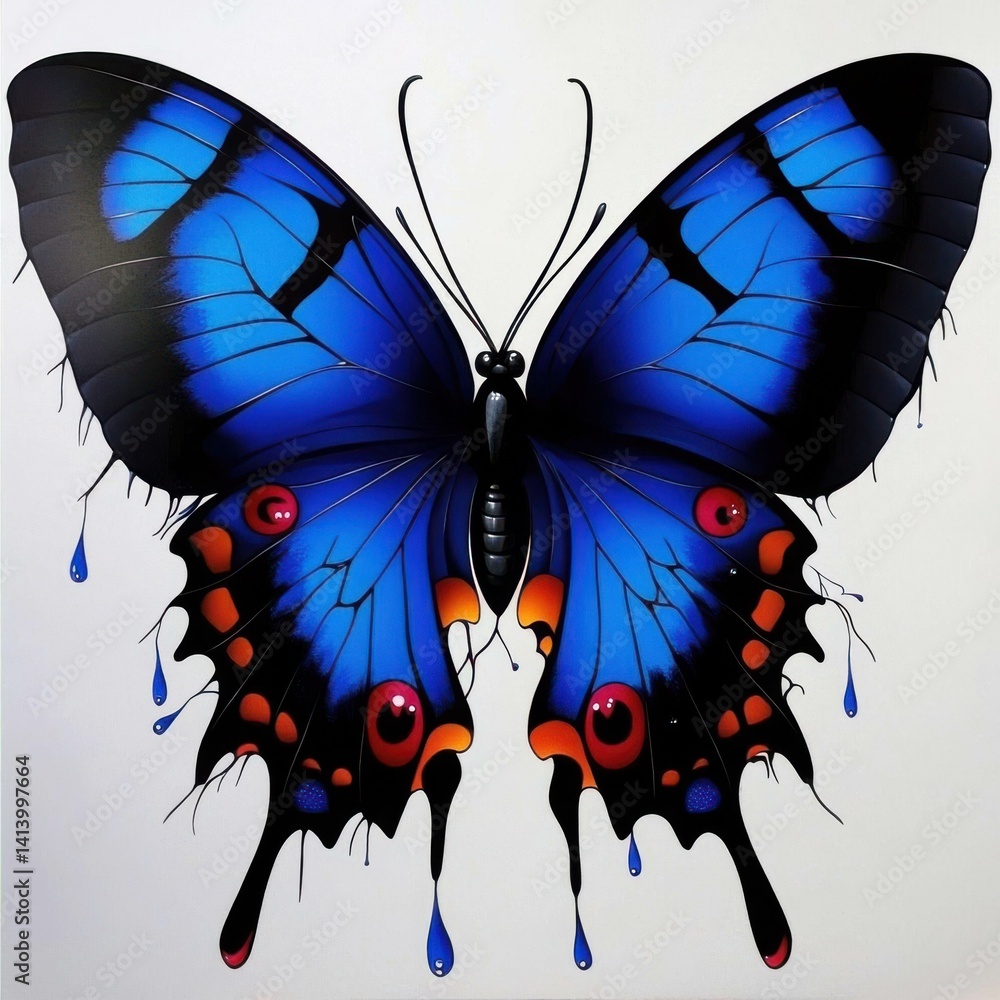Exquisite purple emperor butterfly with striking blue wings and artistic drips, isolated on a white background