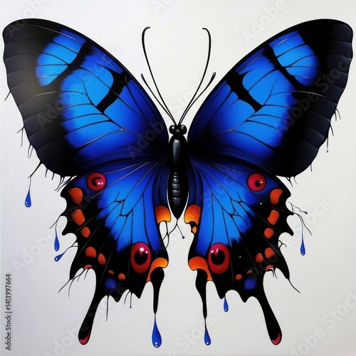 Exquisite purple emperor butterfly with striking blue wings and artistic drips, isolated on a white background