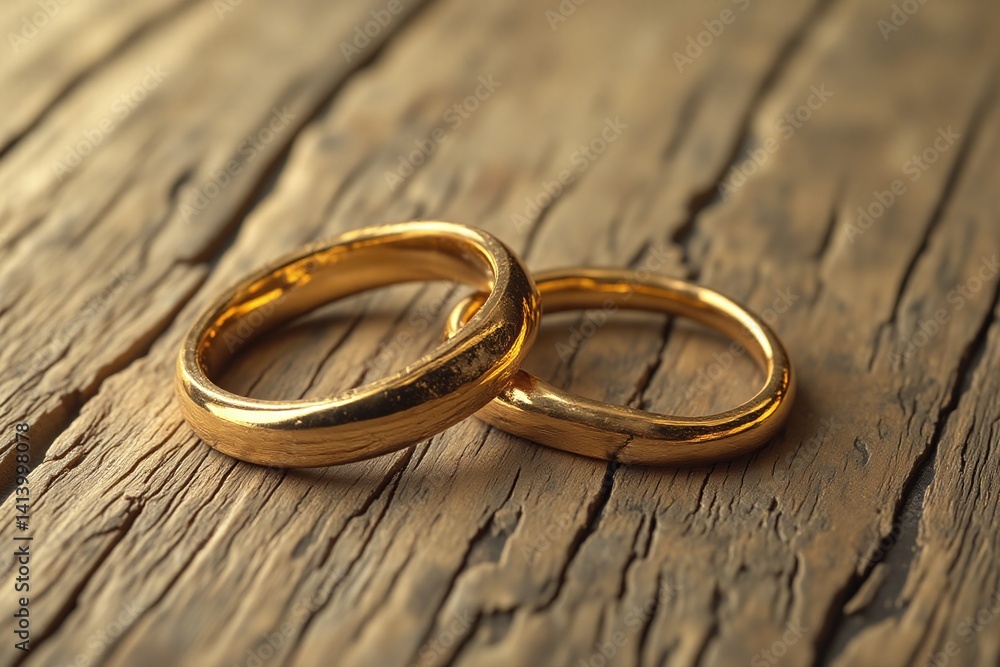 couple of gold wedding rings sitting on top of a wooden table couple of gold wedding rings sitting on top of a wooden table