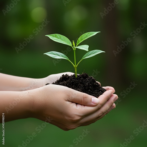 Obraz na płótnie A tree's hand holds a plant, symbolizing the bond between nature and ecological conservation. In the background, the untouched forest stands as a reminder of the need for forest preservation. w salonie