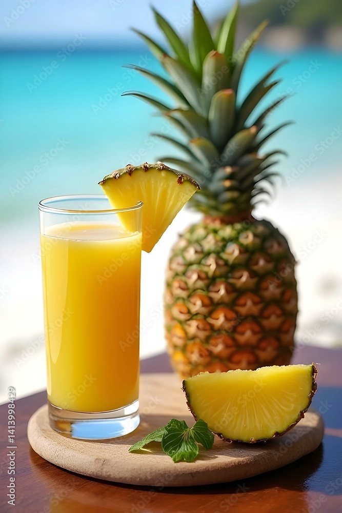 Pineapple smoothie with fresh pineapple slice on beach background. Pineapple juice. A refreshing summer beverage. Tropical fruits Pineapple smoothie with fresh pineapple slice on beach background. Pineapple juice. A refreshing summer beverage. Tropical fruits