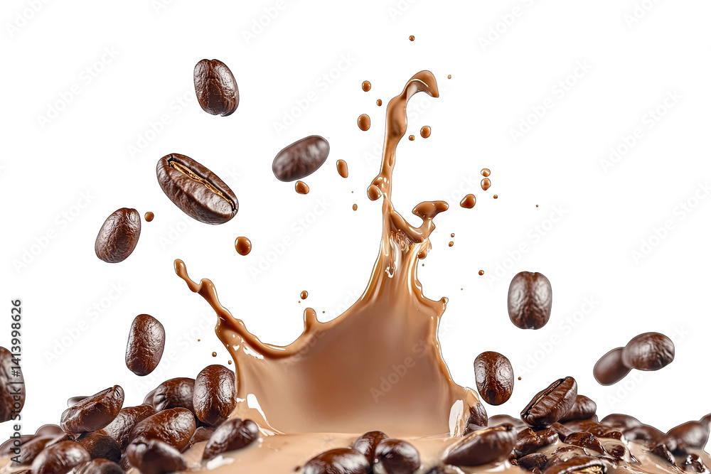 Obraz premium a dynamic splash of chocolate liquid surrounded by coffee beans emphasizing the rich and indulgent nature of coffee and chocolate it captures the essence of a delightful beverage experience