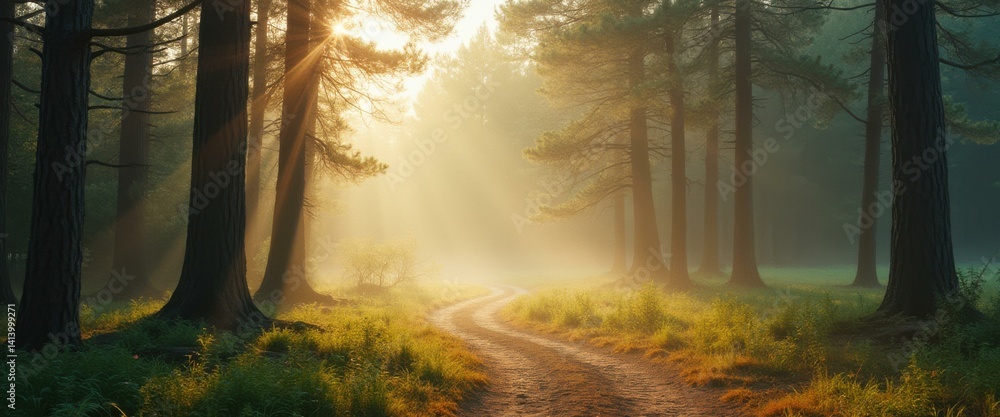 Forest path winds through sunlit trees, creating a serene and enchanting landscape with golden light filtering through the dense woodland