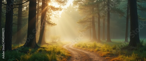 Obraz na płótnie Forest path winds through sunlit trees, creating a serene and enchanting landscape with golden light filtering through the dense woodland w salonie