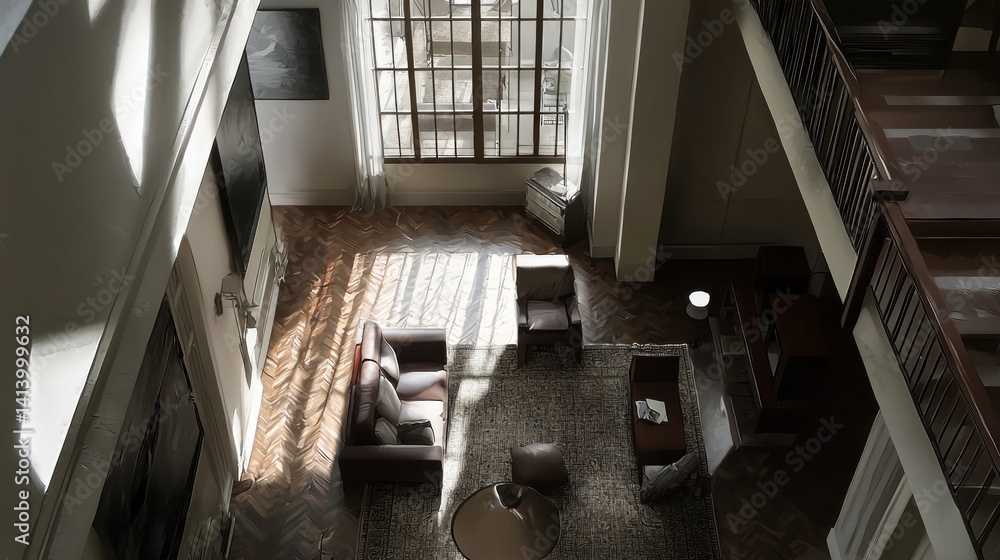 Fototapeta premium Sunlit Luxury Apartment Interior: A High-Angle View