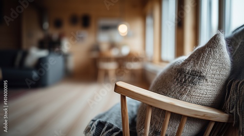 Scandinavian-style living room featuring a wooden chair with woolen cushions, creating a warm and inviting atmosphere.