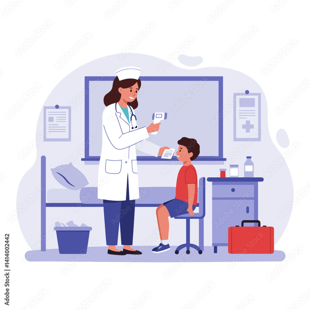 Fototapeta premium Doctor Measuring Boy's Temperature in Hospital Ward