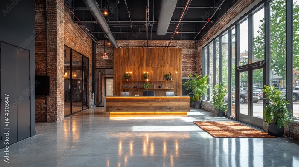 Modern Industrial Lobby Design: A Stunning Blend of Brick, Wood, and Glass Modern Industrial Lobby Design: A Stunning Blend of Brick, Wood, and Glass