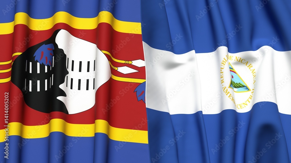 Fototapeta premium Flags of Eswatini and NICARAGUA with realistic cloth texture