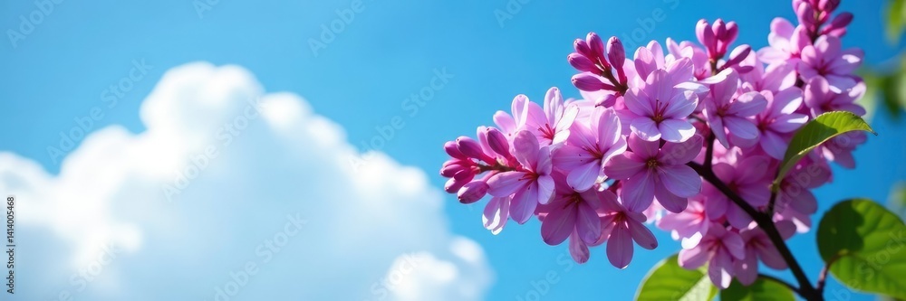 Double purple lilac Syringa vulgaris blooming against clear blue sky with fluffy white clouds, spring flowers, garden blooms, botanical Double purple lilac Syringa vulgaris blooming against clear blue sky with fluffy white clouds, spring flowers, garden blooms, botanical