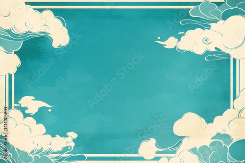 Light blue Japanese-style background with cloud pattern and watercolor waves