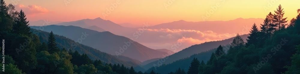 Obraz premium Forest and mountains bathed in soft morning light, sunrise, morning