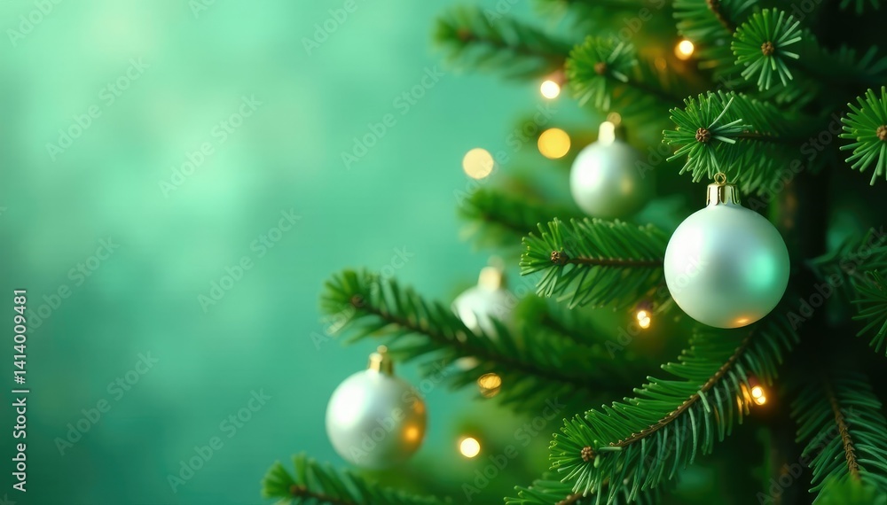Fototapeta premium Green pastel Christmas tree with white glowing orbs, Seasonal lighting, Evergreen tree, Festive ambiance