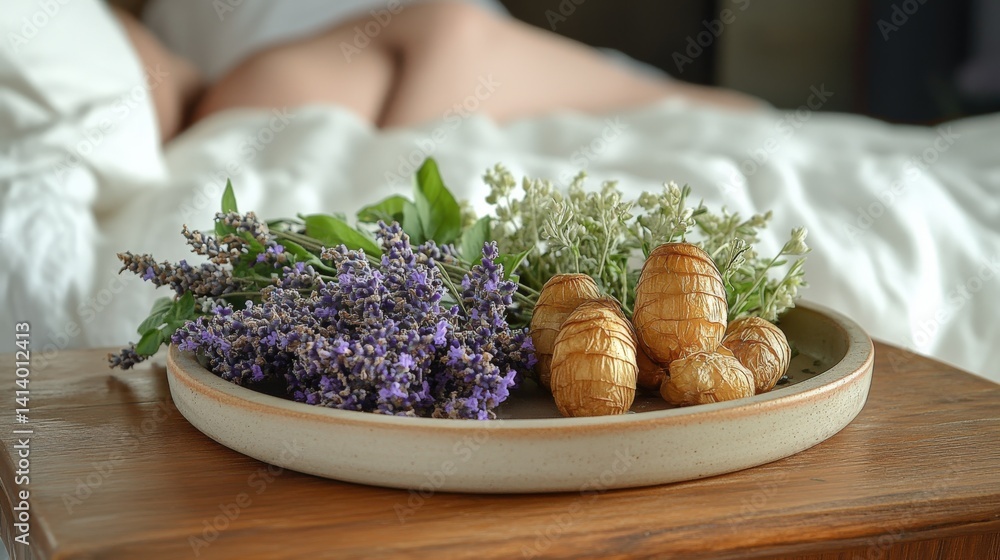 Natural calming arrangement on nightstand with lavender and dried herbs Natural calming arrangement on nightstand with lavender and dried herbs
