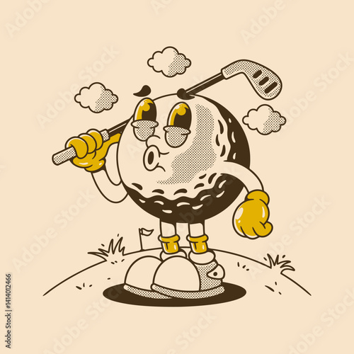Funny Retro Golf Ball Character with happy Expression